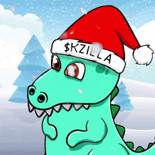 a cartoon drawing of a dinosaur wearing a santa hat with $ kzilla written on it
