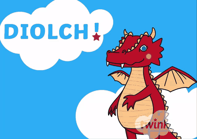 a cartoon of a dragon blowing smoke with the word diolch behind it
