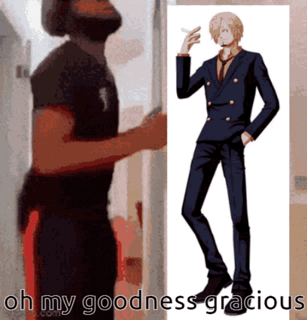 a man smoking a cigarette next to a picture of sanji