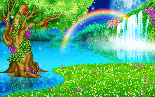 a pixel art of a waterfall with a rainbow in the sky