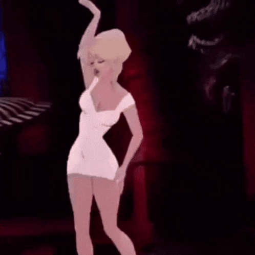 a cartoon woman in a white dress is standing on a stage .