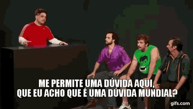 a group of men are sitting around a table with the words me permite uma duvida aqui