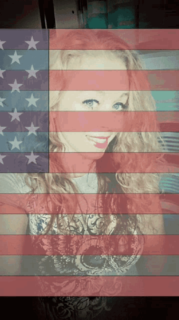 a woman is standing in front of an american flag with stars