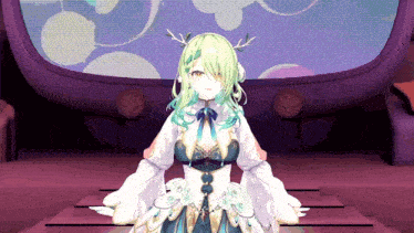 a girl with green hair is standing in front of a purple background