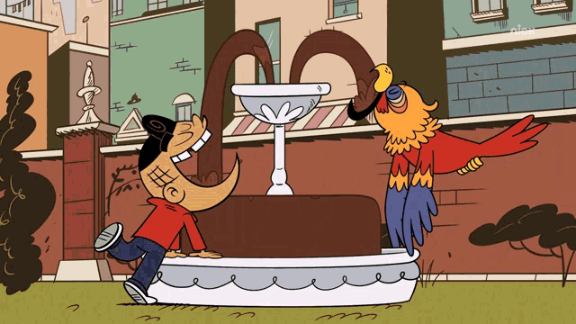 a cartoon of a man and a parrot standing next to a cake