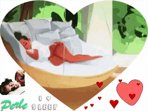 a cartoon of a woman sleeping in a heart shaped bed with the words " i love sleep " on the bottom