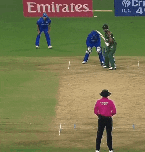 a cricket match is being played in front of a emirates ad