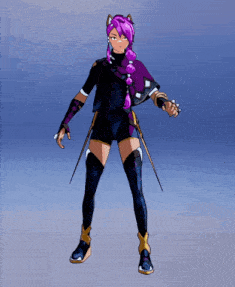 a cartoon drawing of a girl with purple hair dancing
