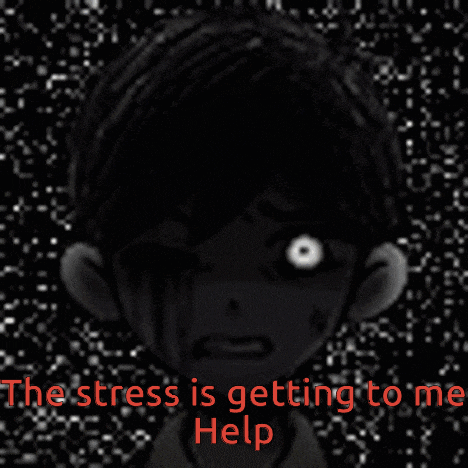 a black and white image of a person with the words " the stress is getting to me help " below it