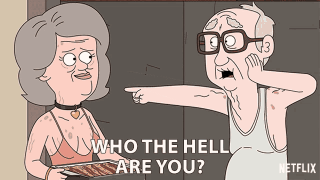 a cartoon of a man pointing at a woman who is holding a tray of bacon