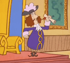 a cartoon character is holding a scroll and wearing a purple coat