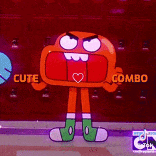 a cartoon character with big teeth is holding a heart and the words cute combo attack