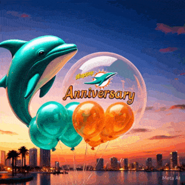 a dolphin is jumping out of a clear balloon that says happy anniversary