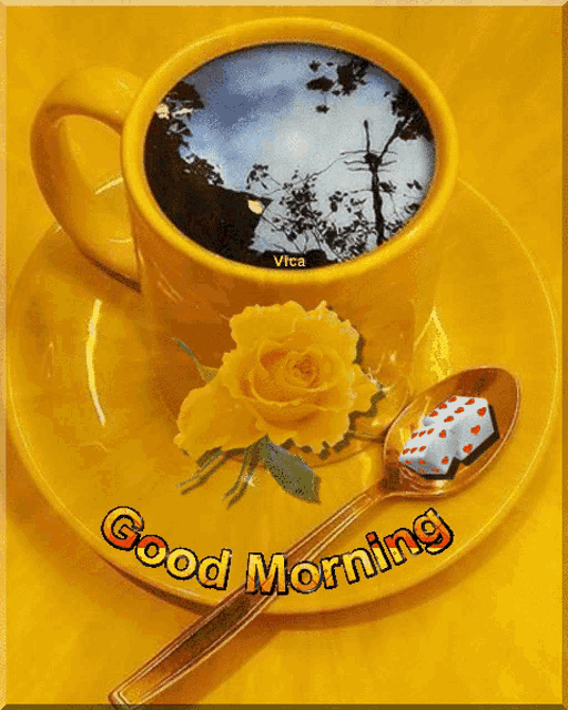 a cup of coffee on a saucer with the words good morning