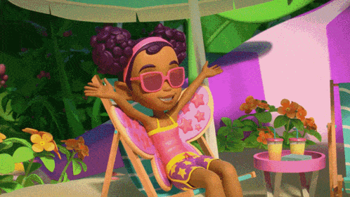 a cartoon girl wearing sunglasses is sitting in a beach chair with her arms outstretched