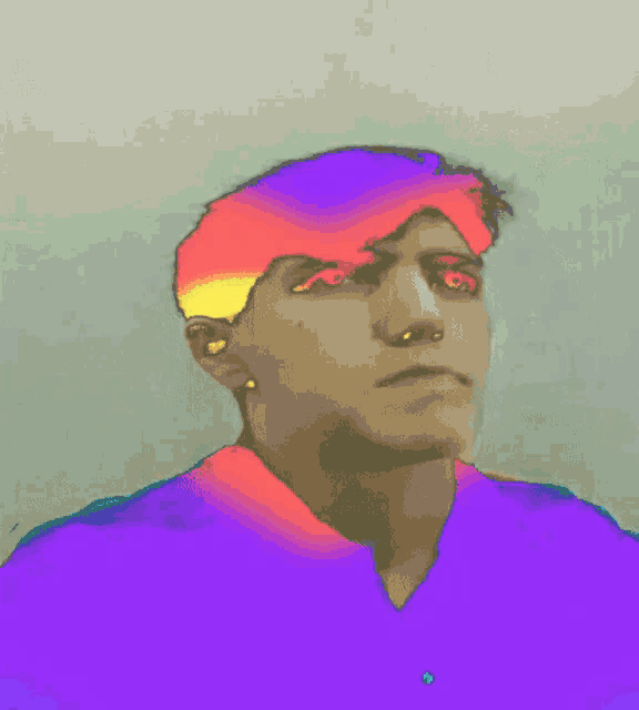a painting of a man with a blue and green headband on
