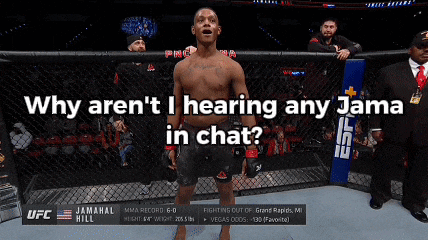 a man in a cage with the words " why aren 't i hearing any jama in chat " above him