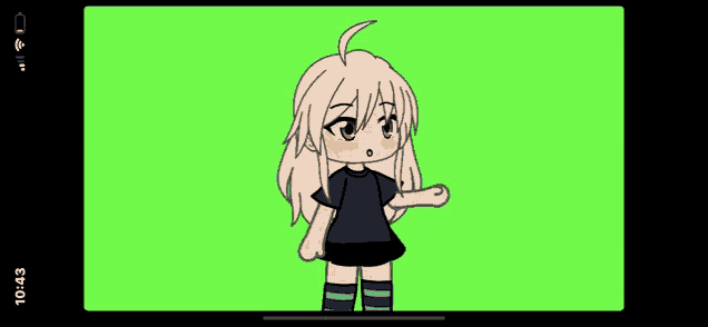 a girl in a black shirt and blue knee high socks is standing on a green screen .
