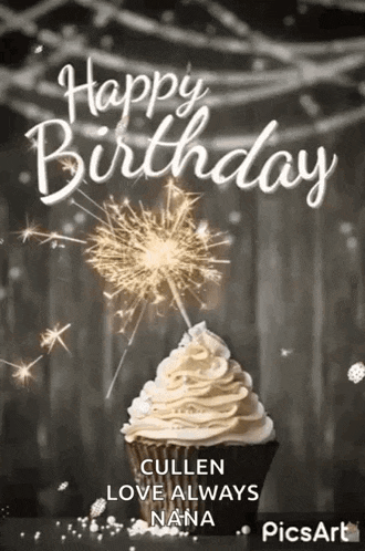 a happy birthday greeting card with a cupcake and sparklers .