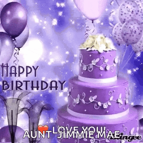 a purple birthday cake with balloons and the words happy birthday aunt jimme mae