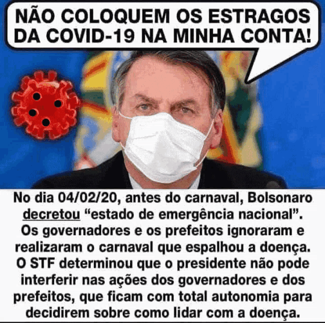 a man wearing a mask with a speech bubble that says " não coloquem os estragos da covid-19 na minha conta