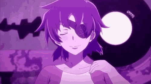 a girl with purple hair and a purple eye is standing in front of a black object .