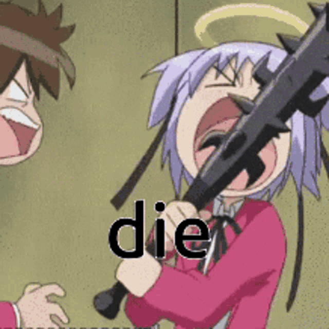 a girl is holding a bat with spikes in her mouth and the word die is on the bottom of the picture .