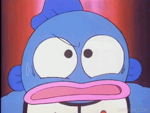 a close up of a cartoon character with a surprised look on his face