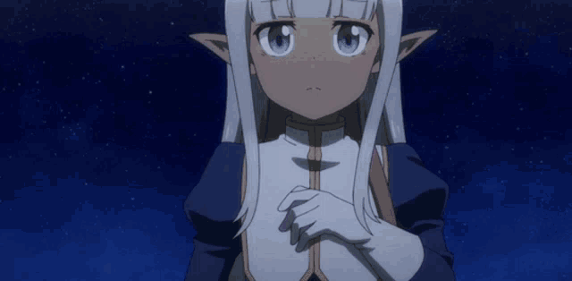 a girl with white hair and blue eyes is wearing gloves