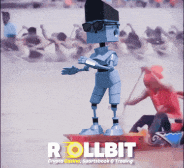 an advertisement for rollbit shows a robot standing on a boat