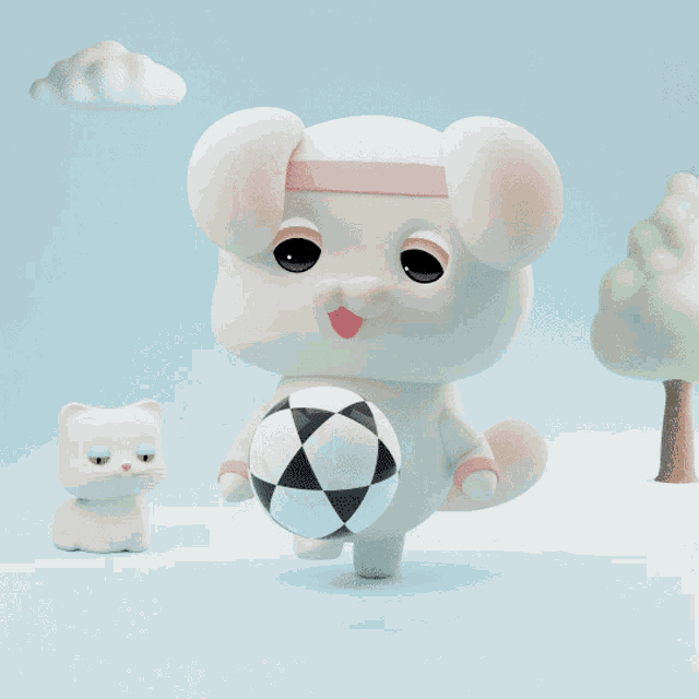 a cartoon dog wearing a pink headband holds a checkered soccer ball