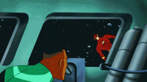 a cartoon of a man in a green jacket looking out a window at the flash