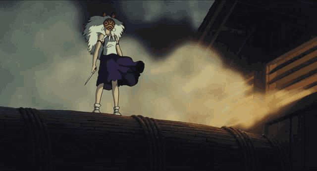 a cartoon character is holding a knife and standing on a roof