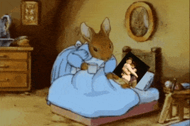 a cartoon rabbit is sitting on a bed holding a child