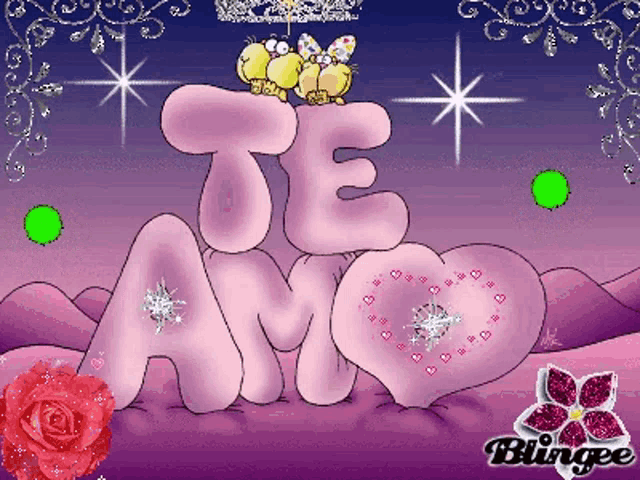 a cartoon of two birds sitting on top of a te amo sign