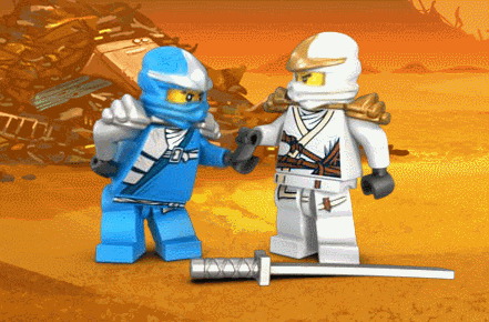 two lego ninjago characters shaking hands with a sword in the foreground