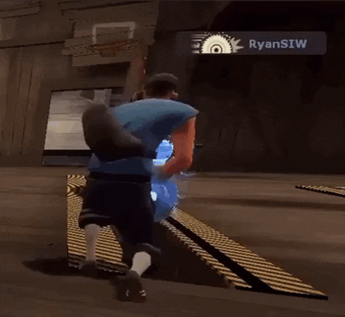 a video game character named ryan siw is running in a tunnel