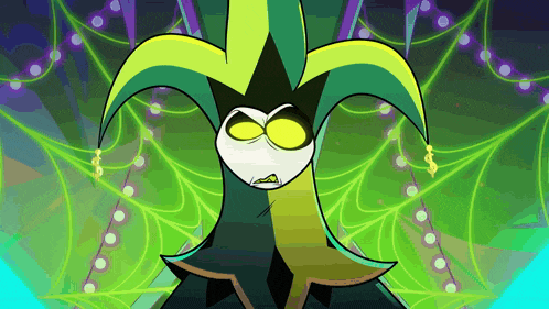 a cartoon drawing of a jester with green and yellow feathers