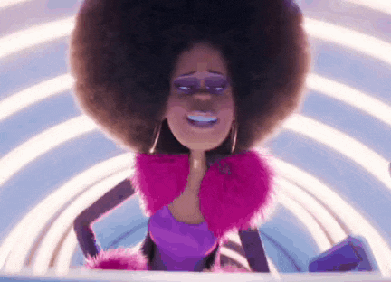 a cartoon character with a large afro is wearing a pink fur coat and a purple dress .