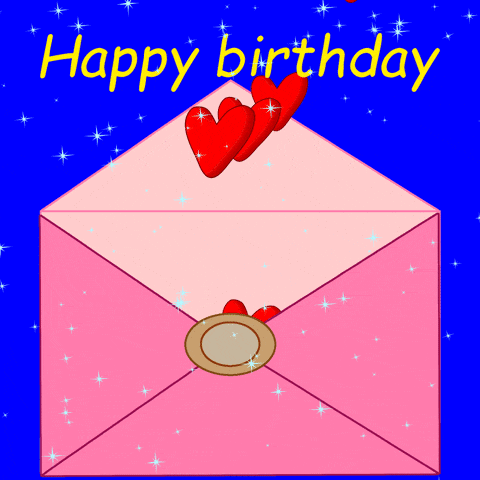 a pink envelope with two red hearts inside and the words happy birthday