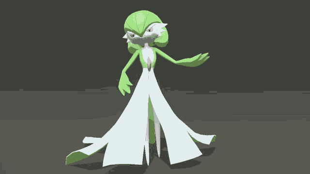 a 3d model of a green and white cartoon character with red eyes