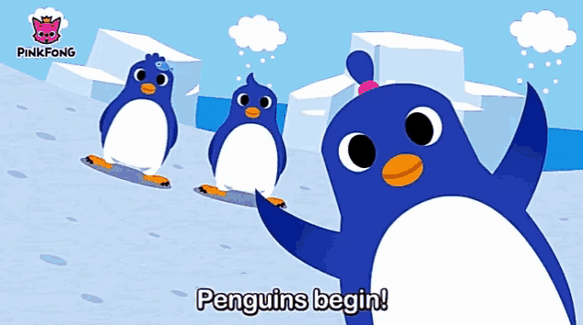 a pinkfong advertisement with three penguins
