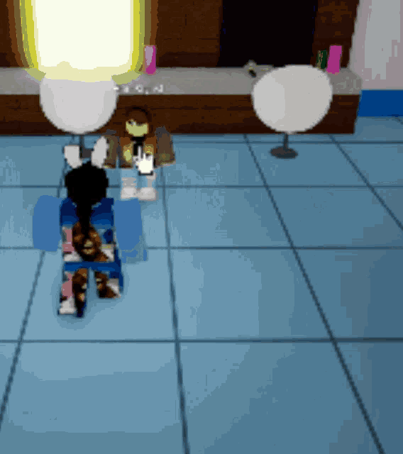 a cartoon character is standing on a tiled floor in front of two lamps