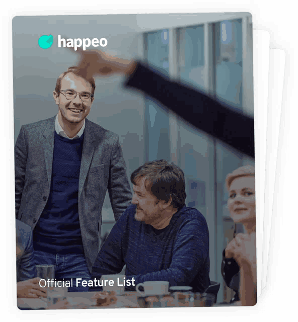 a happieo official feature list shows a group of people