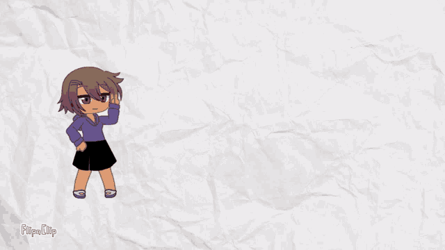 a drawing of a girl with black hair and a red shirt is on a piece of crumpled paper that says flipa clip