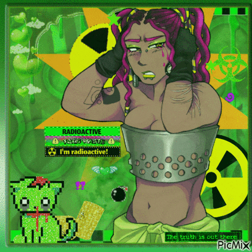 a cartoon of a woman with a sign that says radioactive