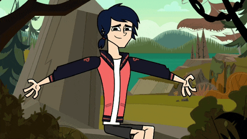 a cartoon character is sitting with his arms outstretched in front of a lake