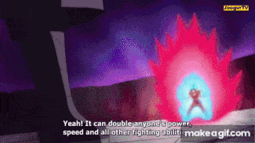 a cartoon of a person with a red and blue energy coming out of their chest .