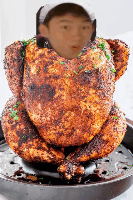 a roasted chicken with a face on it