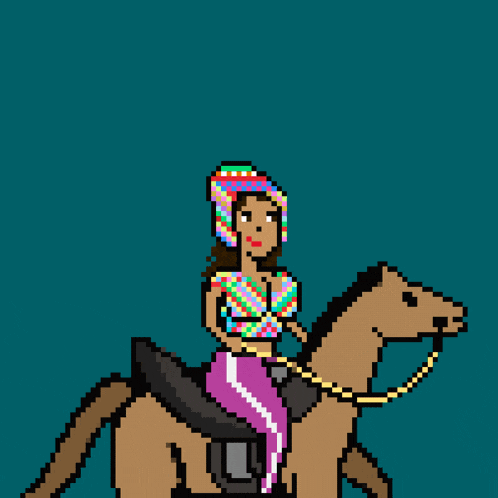 a pixel art drawing of a woman riding a horse with a gold coin with the letter b on it